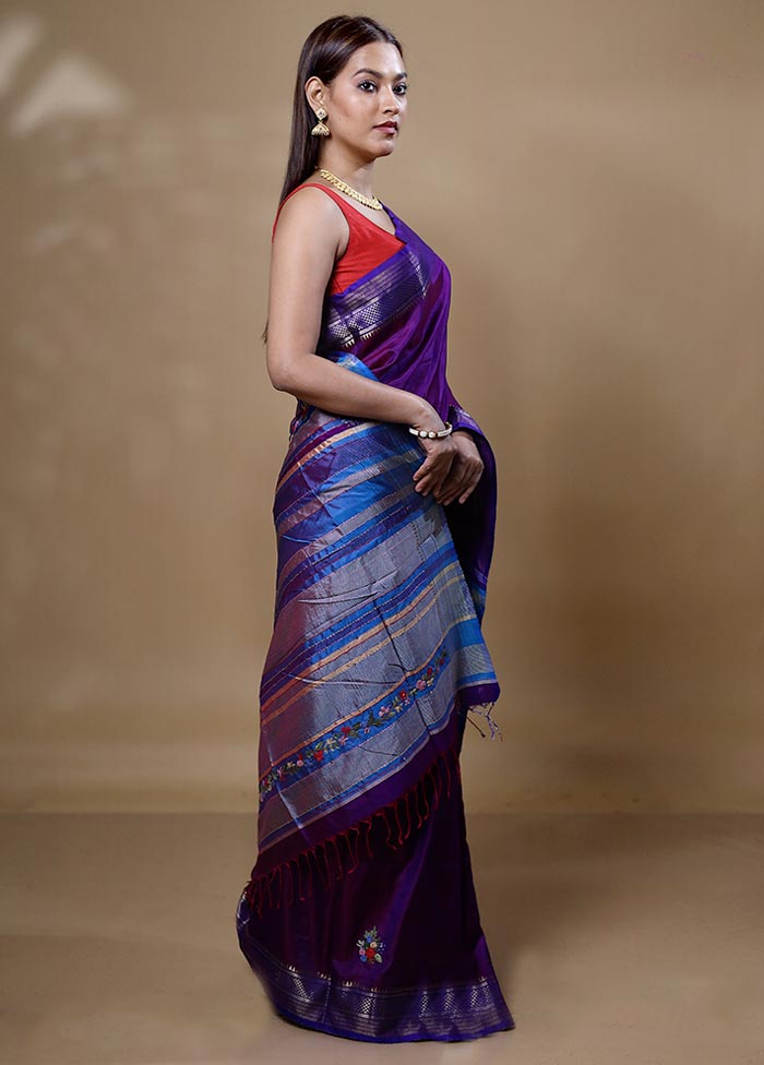 Purple Handloom Tussar Pure Silk Saree With Blouse Piece