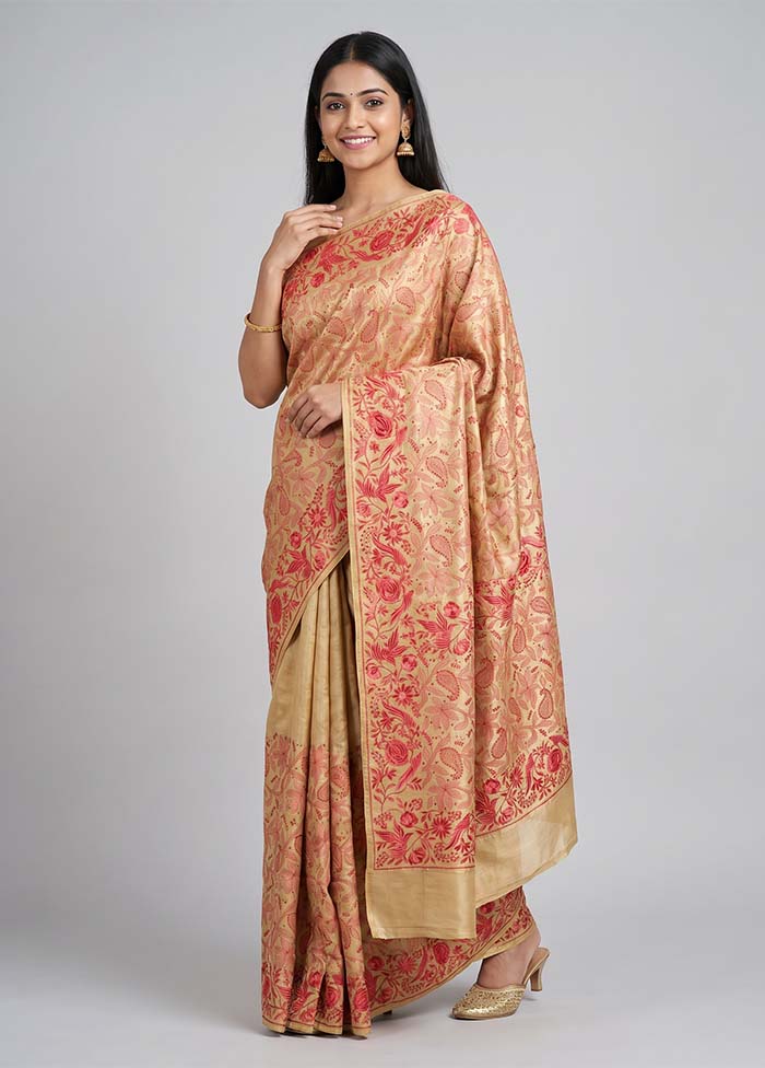 Cream Handloom Tussar Pure Silk Saree With Blouse Piece