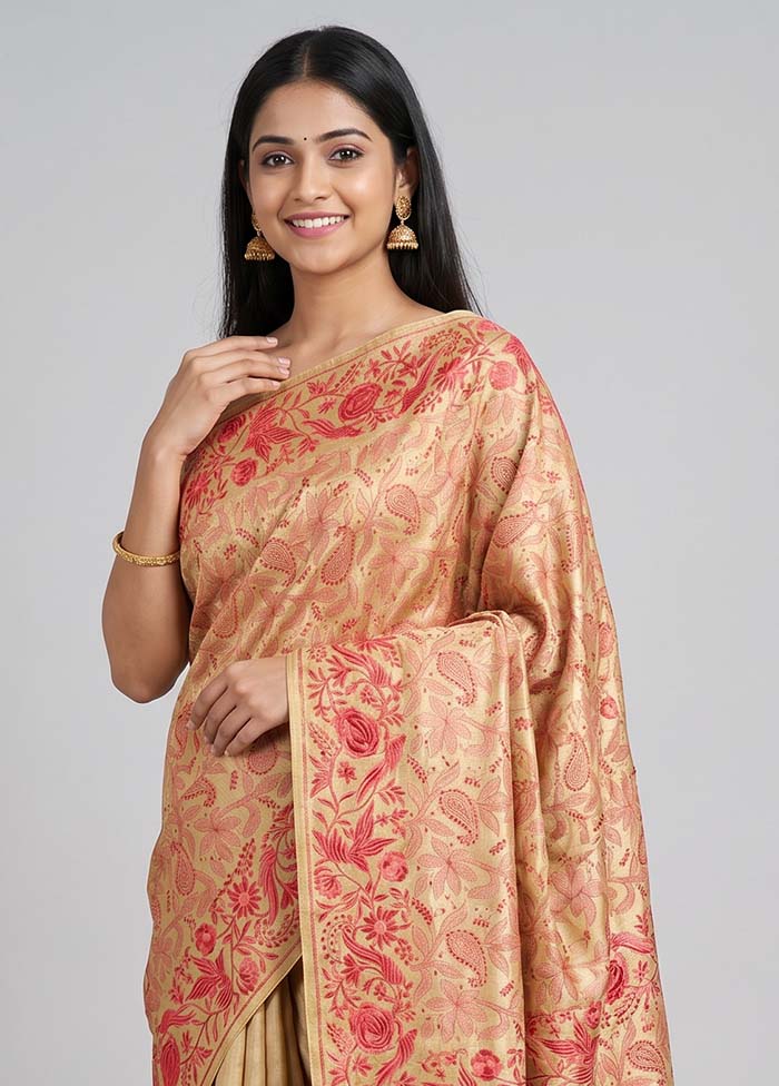 Cream Handloom Tussar Pure Silk Saree With Blouse Piece