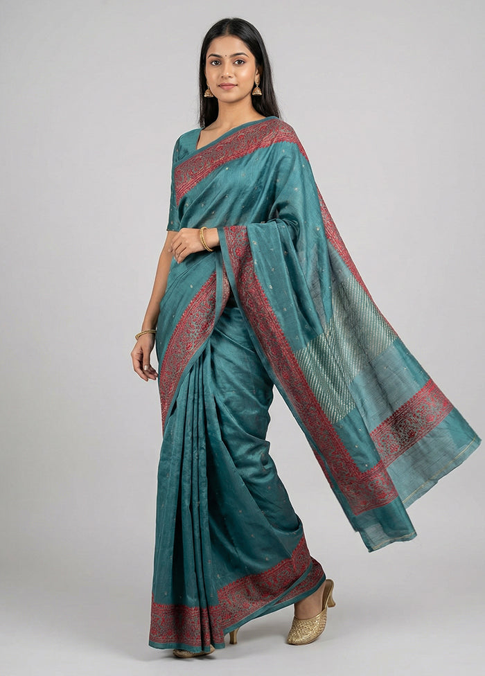 Blue Handloom Tussar Pure Silk Saree With Blouse Piece