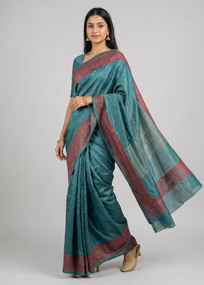 Blue Handloom Tussar Pure Silk Saree With Blouse Piece