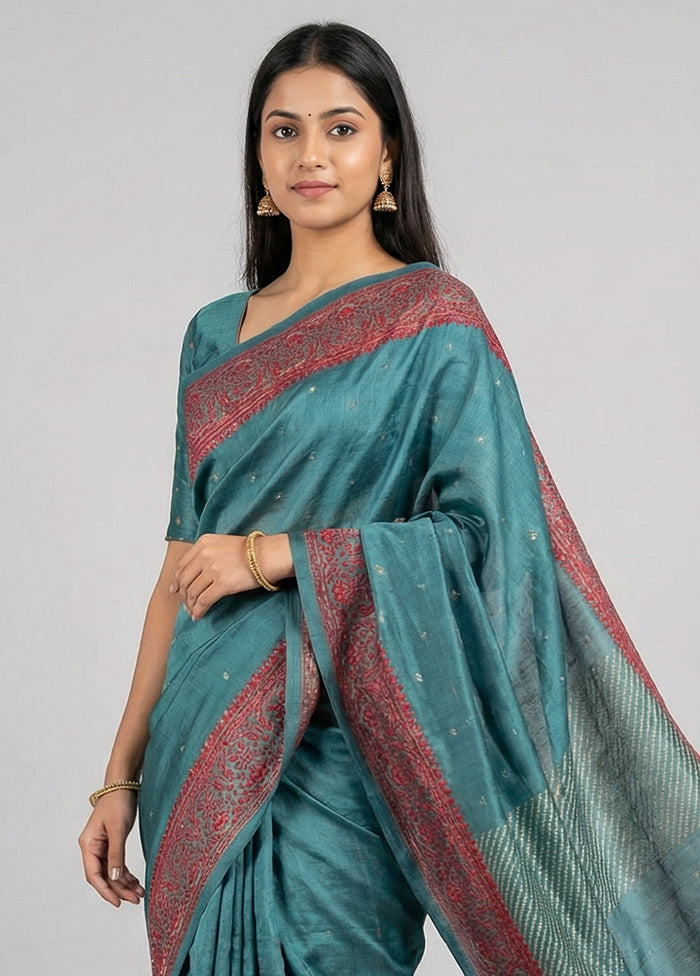 Blue Handloom Tussar Pure Silk Saree With Blouse Piece