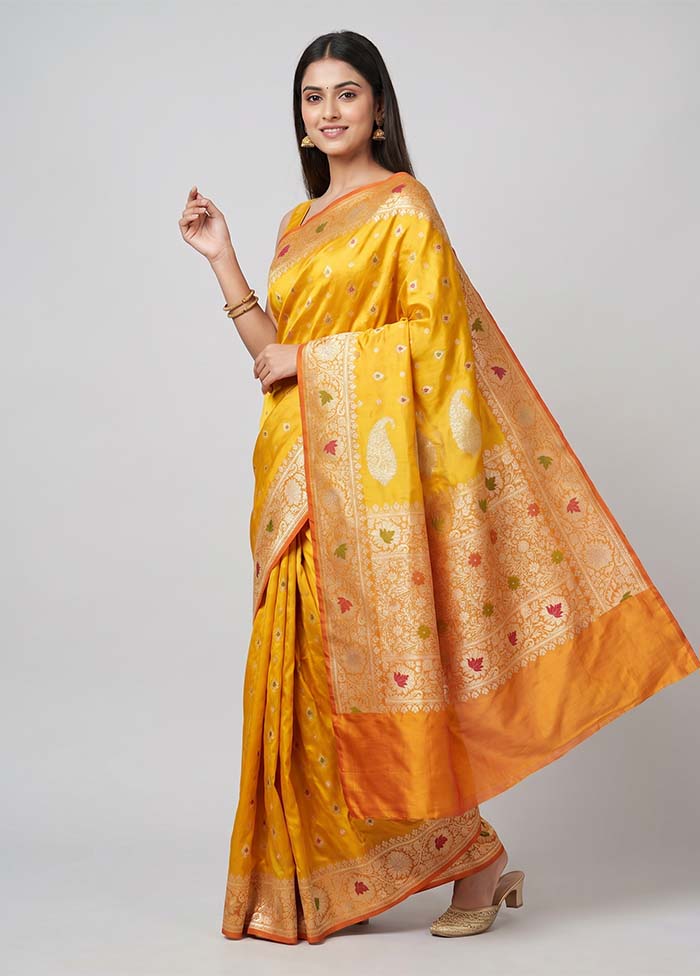 Yellow Handloom Katan Pure Silk Saree With Blouse Piece