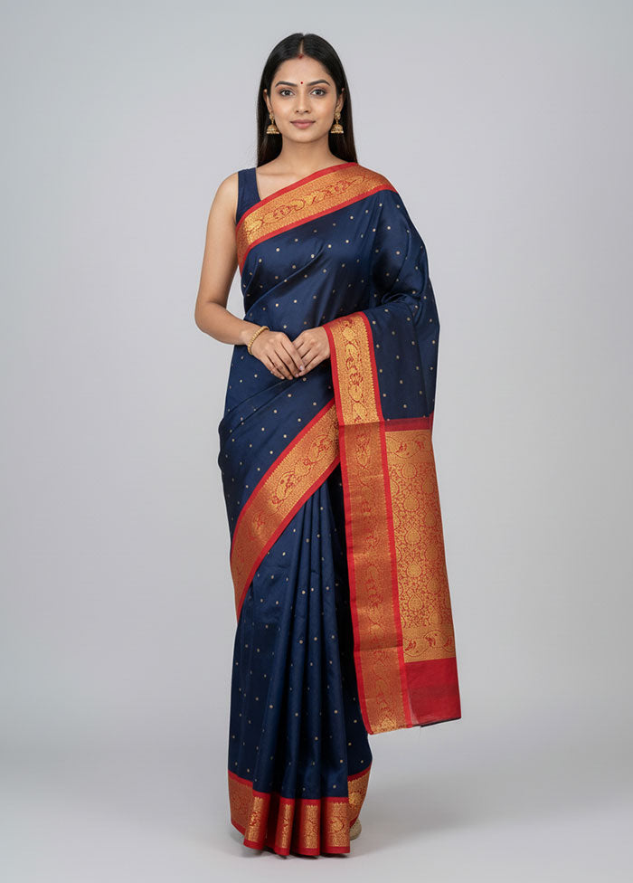 Blue Kanjivaram Silk Saree With Blouse Piece