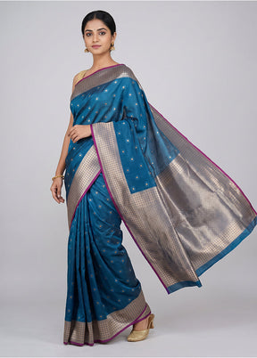 Blue Katan Silk Saree With Blouse Piece