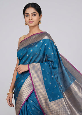 Blue Katan Silk Saree With Blouse Piece