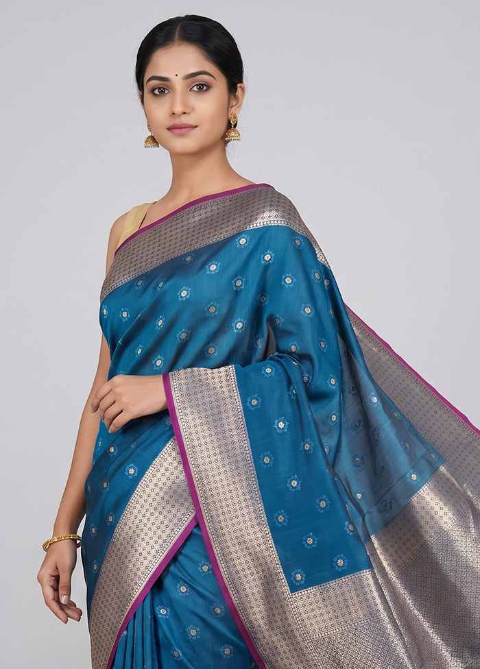 Blue Katan Silk Saree With Blouse Piece