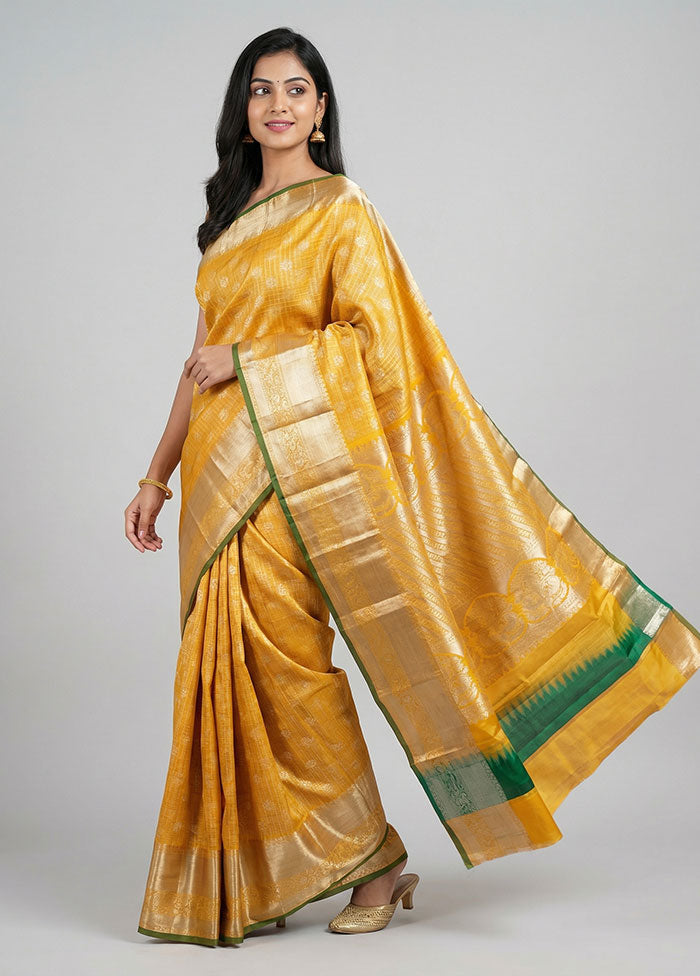 Yellow Handloom Kanchipuram Pure Silk Saree With Blouse Piece