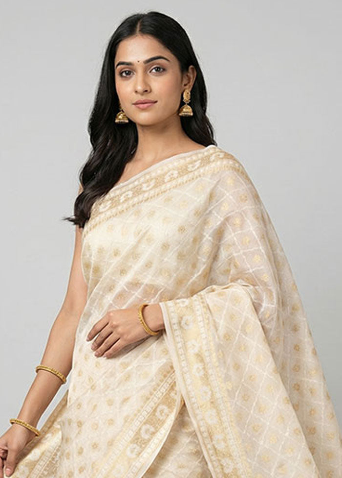 White Kora Silk Saree With Blouse Piece