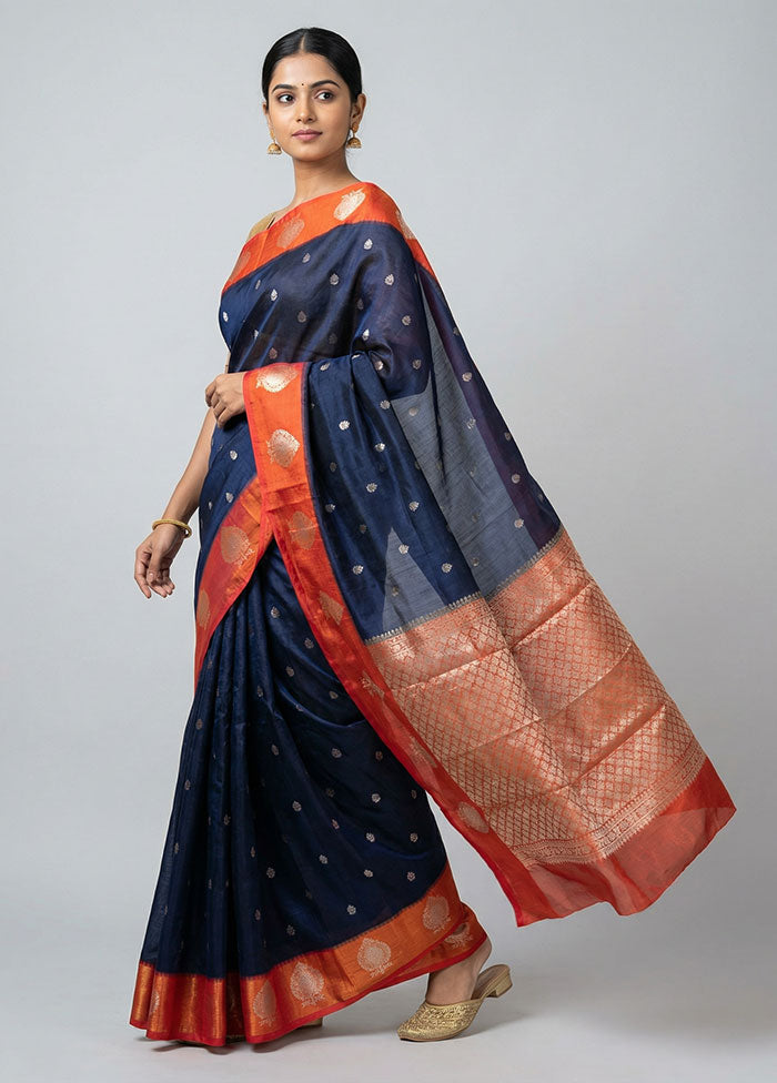 Blue Dupion Silk Saree With Blouse Piece