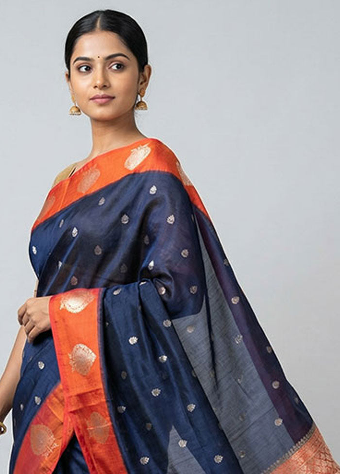 Blue Dupion Silk Saree With Blouse Piece