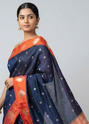 Blue Dupion Silk Saree With Blouse Piece