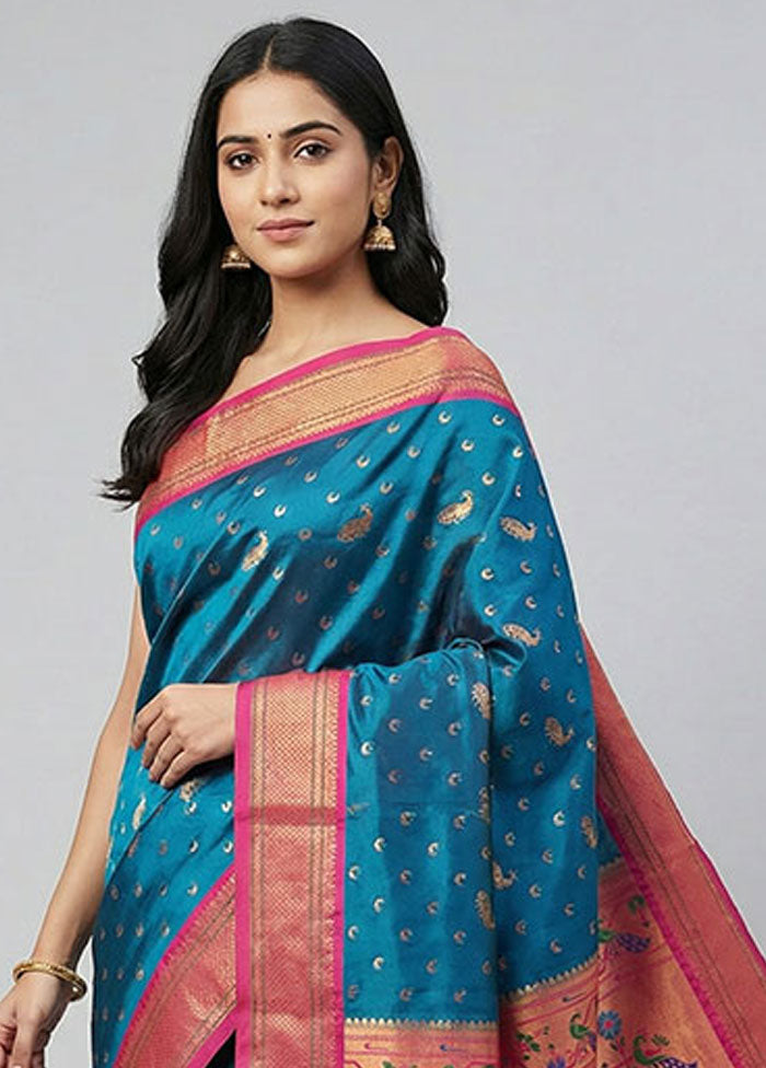 Blue Kanjivaram Silk Saree With Blouse Piece
