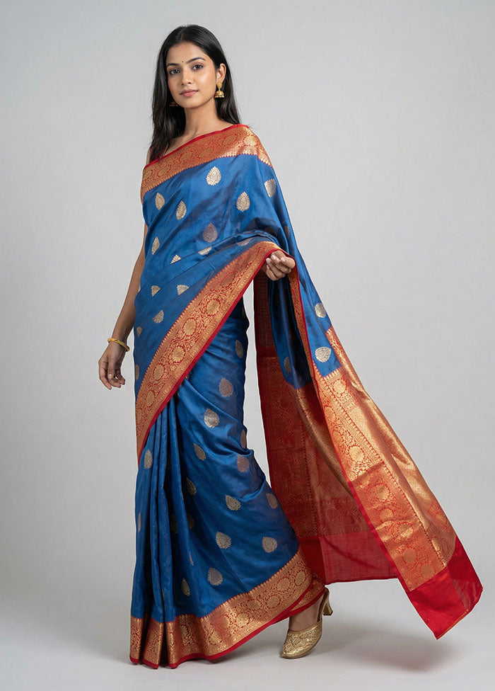 Blue Handloom Katan Pure Silk Saree With Blouse Piece