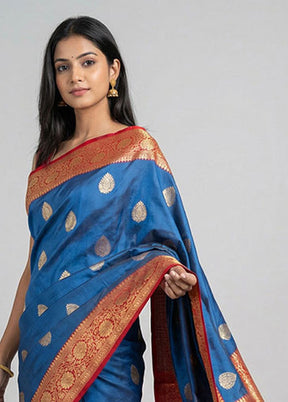 Blue Handloom Katan Pure Silk Saree With Blouse Piece