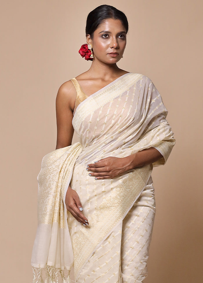 Cream Kora Silk Saree With Blouse Piece
