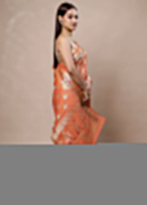 Peach Kora Silk Saree With Blouse Piece