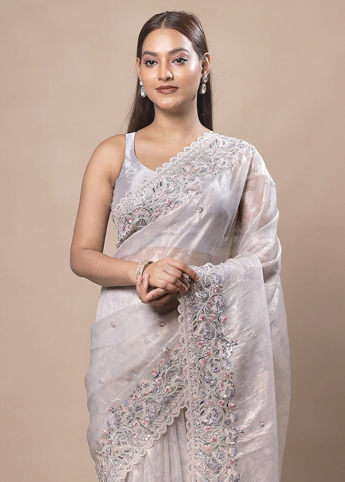 Grey white Silk Saree With Blouse Piece