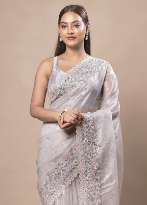 Grey white Silk Saree With Blouse Piece
