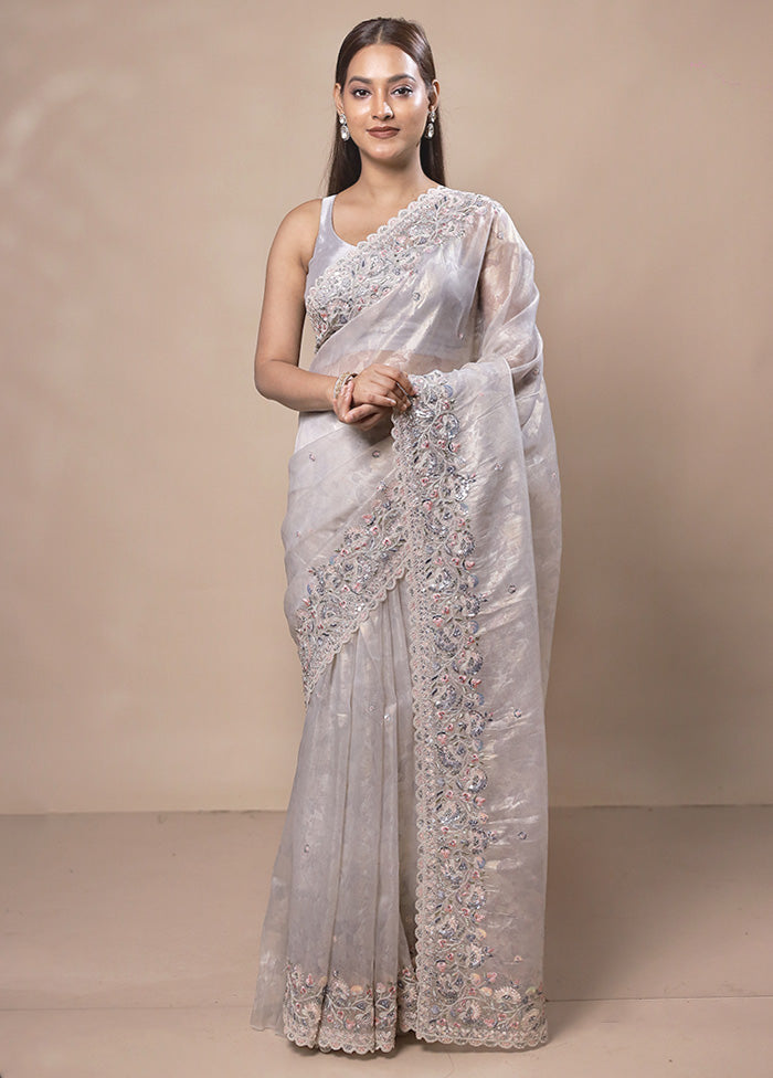 Grey white Silk Saree With Blouse Piece