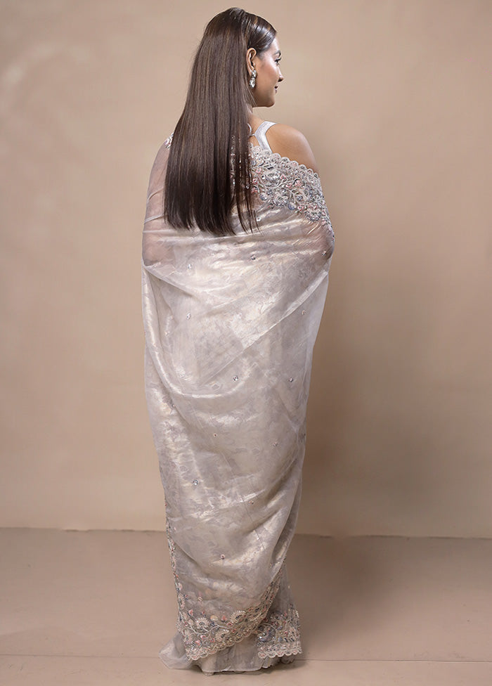 Grey white Silk Saree With Blouse Piece