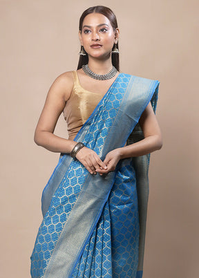 Blue Kora Silk Saree With Blouse Piece