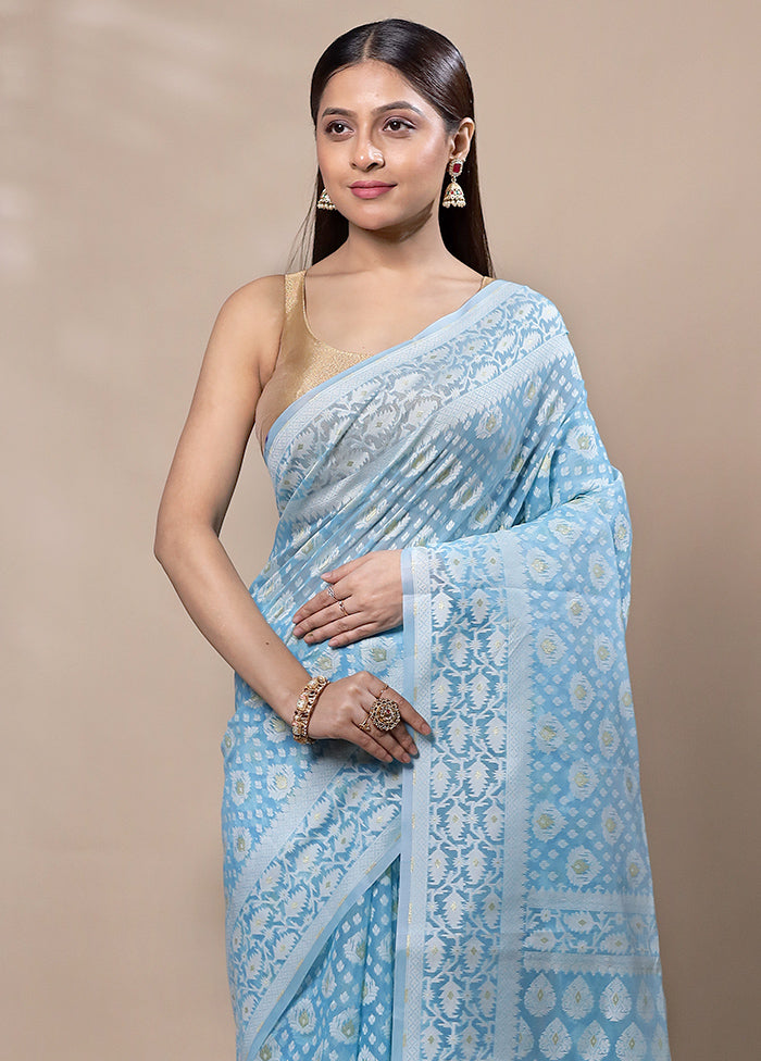 Blue Kora Silk Saree With Blouse Piece