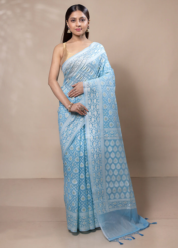 Blue Kora Silk Saree With Blouse Piece