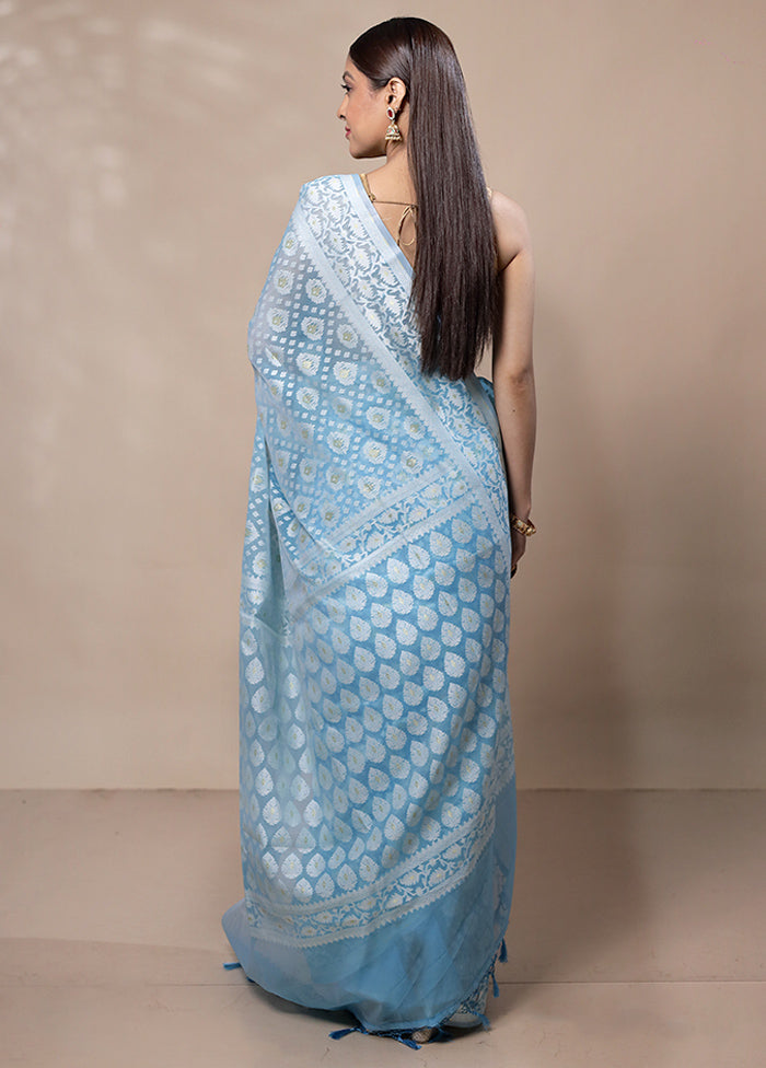 Blue Kora Silk Saree With Blouse Piece