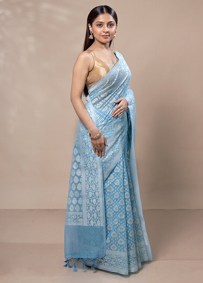 Blue Kora Silk Saree With Blouse Piece