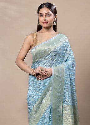Blue Kora Silk Saree With Blouse Piece