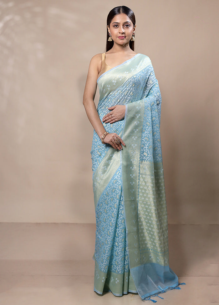 Blue Kora Silk Saree With Blouse Piece