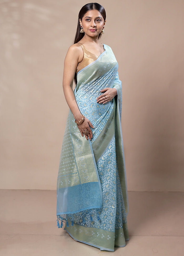 Blue Kora Silk Saree With Blouse Piece