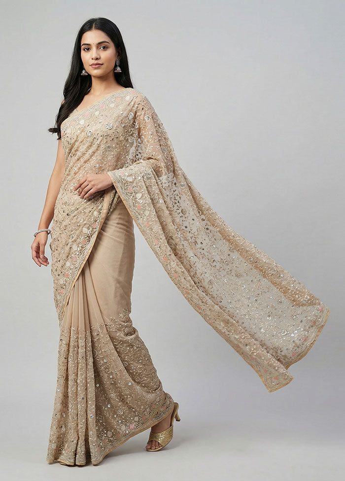 Cream Handloom Pure Georgette Saree With Blouse Piece
