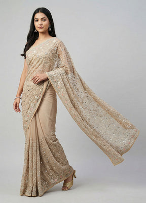 Cream Handloom Pure Georgette Saree With Blouse Piece
