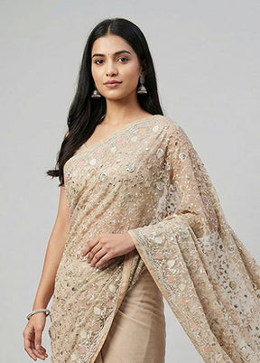 Cream Handloom Pure Georgette Saree With Blouse Piece