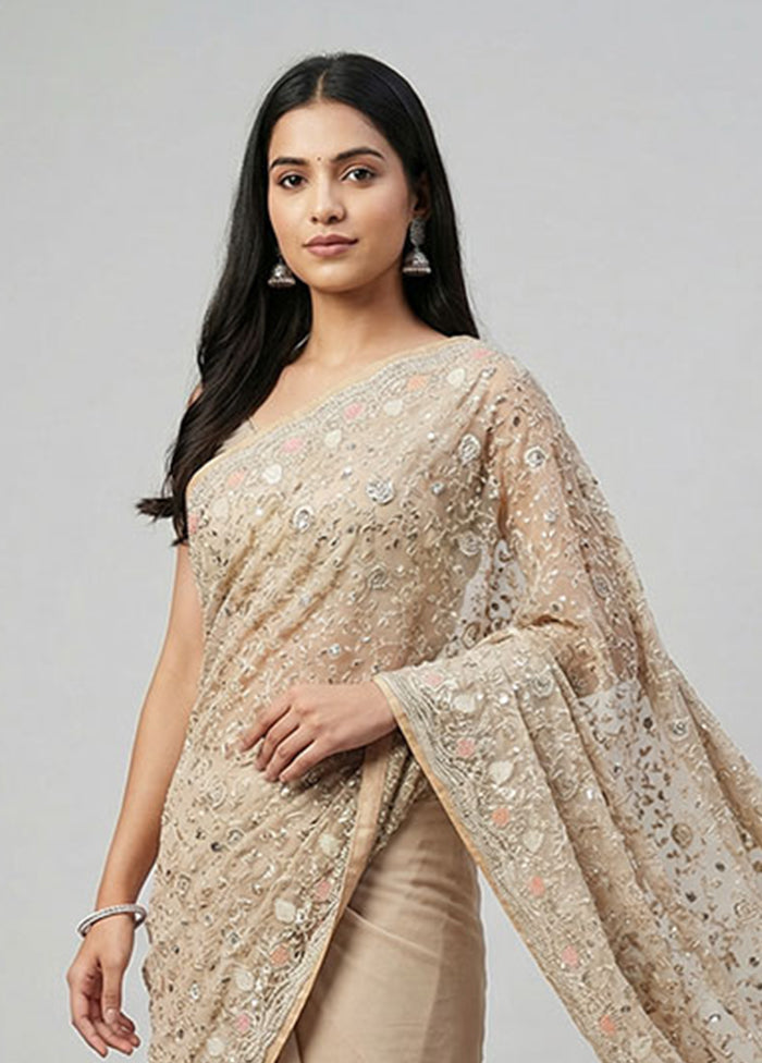 Cream Handloom Pure Georgette Saree With Blouse Piece