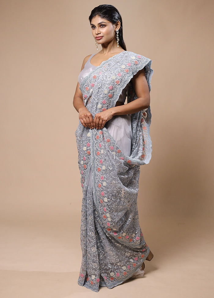 Grey Pure Handloom Silk Saree With Blouse Piece