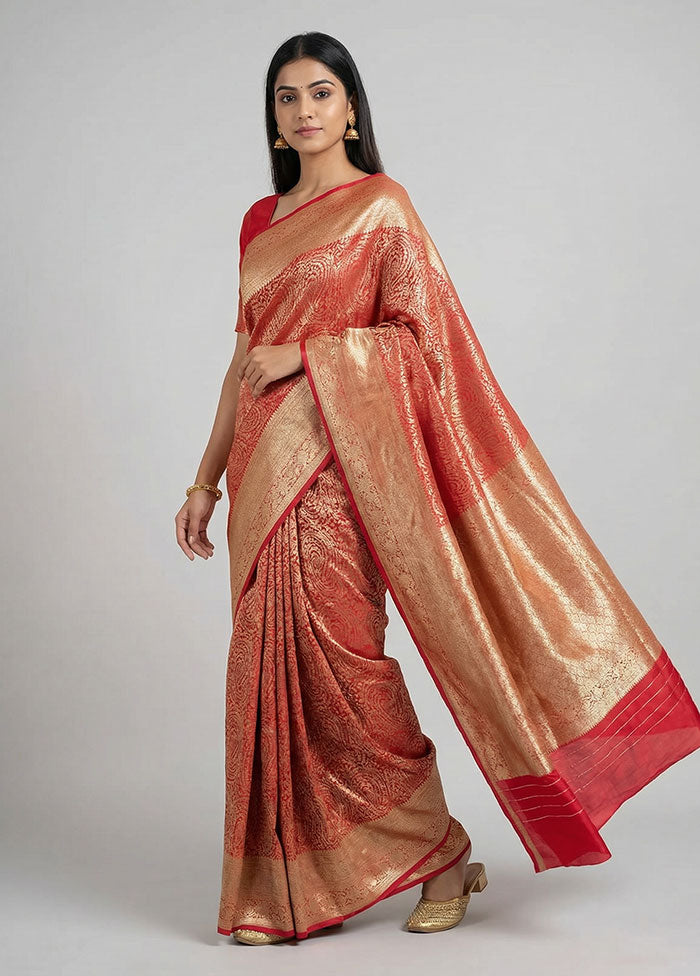 Red Dupion Silk Saree With Blouse Piece