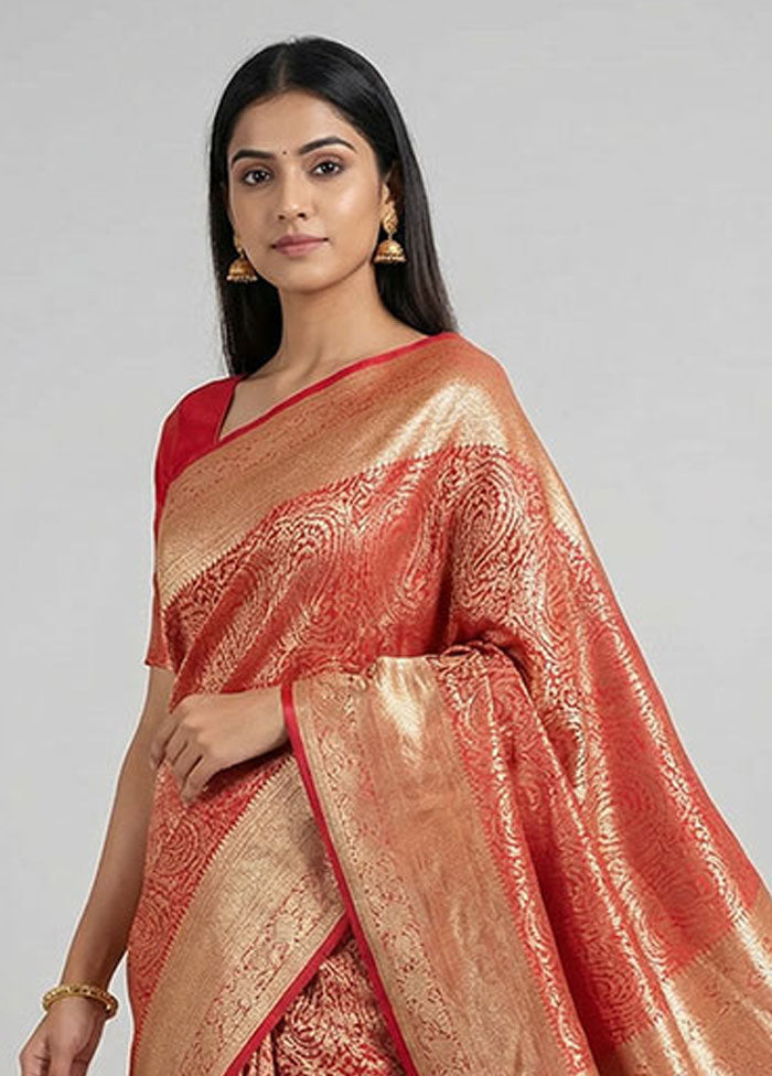 Red Dupion Silk Saree With Blouse Piece