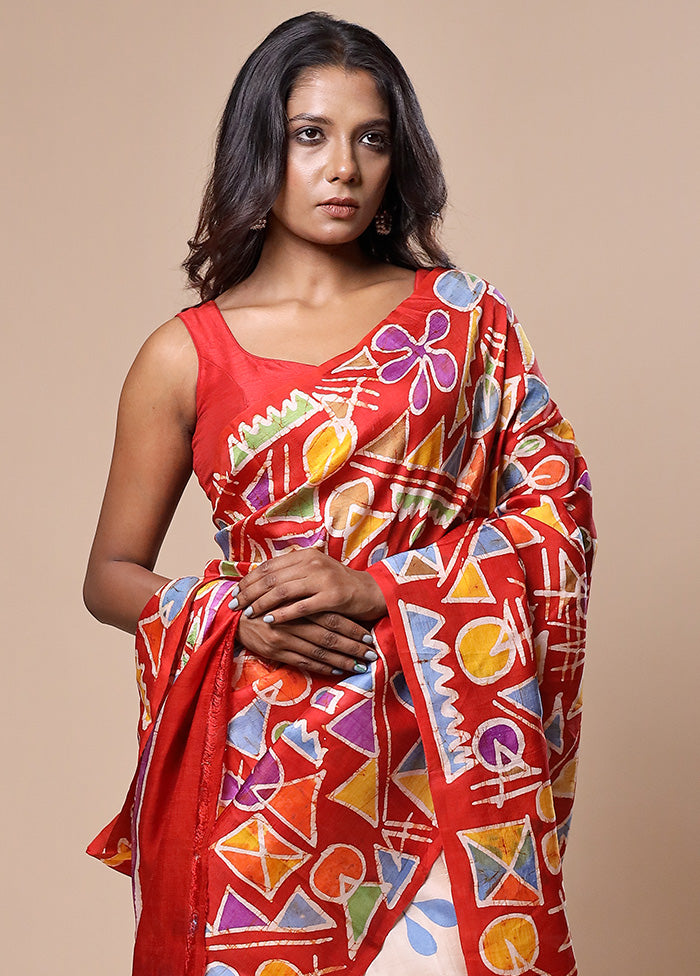 Red Printed Pure Silk Saree Without Blouse Piece
