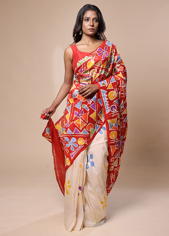 Red Printed Pure Silk Saree Without Blouse Piece
