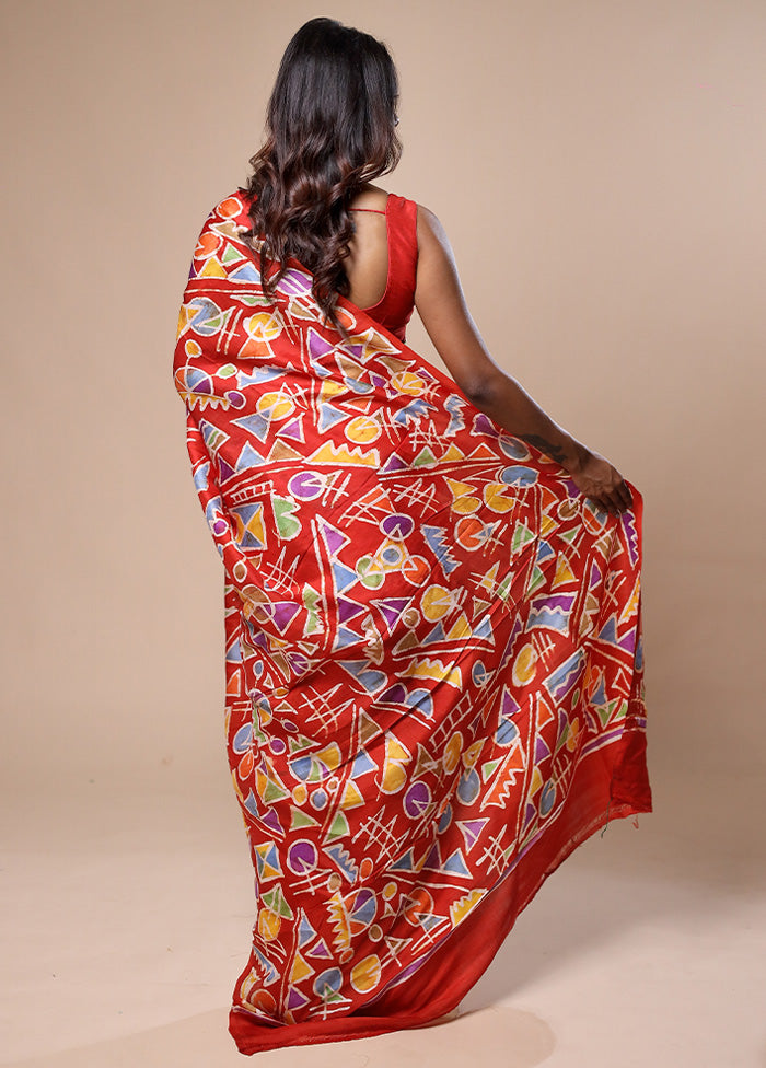 Red Printed Pure Silk Saree Without Blouse Piece