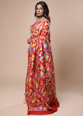 Red Printed Pure Silk Saree Without Blouse Piece