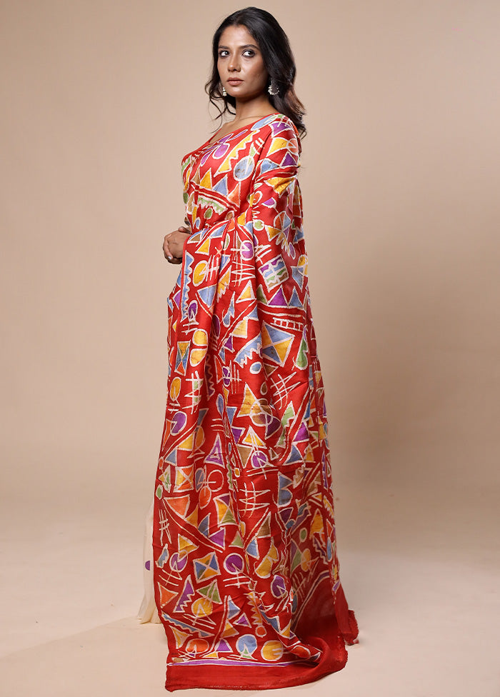 Red Printed Pure Silk Saree Without Blouse Piece