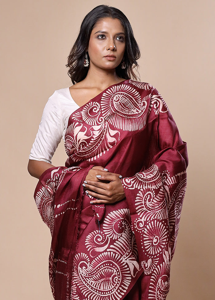 Maroon Printed Pure Silk Saree Without Blouse Piece