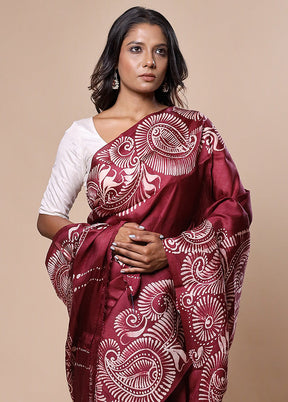 Maroon Printed Pure Silk Saree Without Blouse Piece