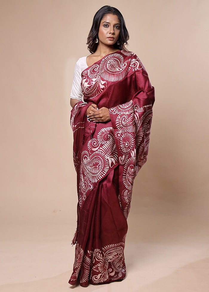Maroon Printed Pure Silk Saree Without Blouse Piece