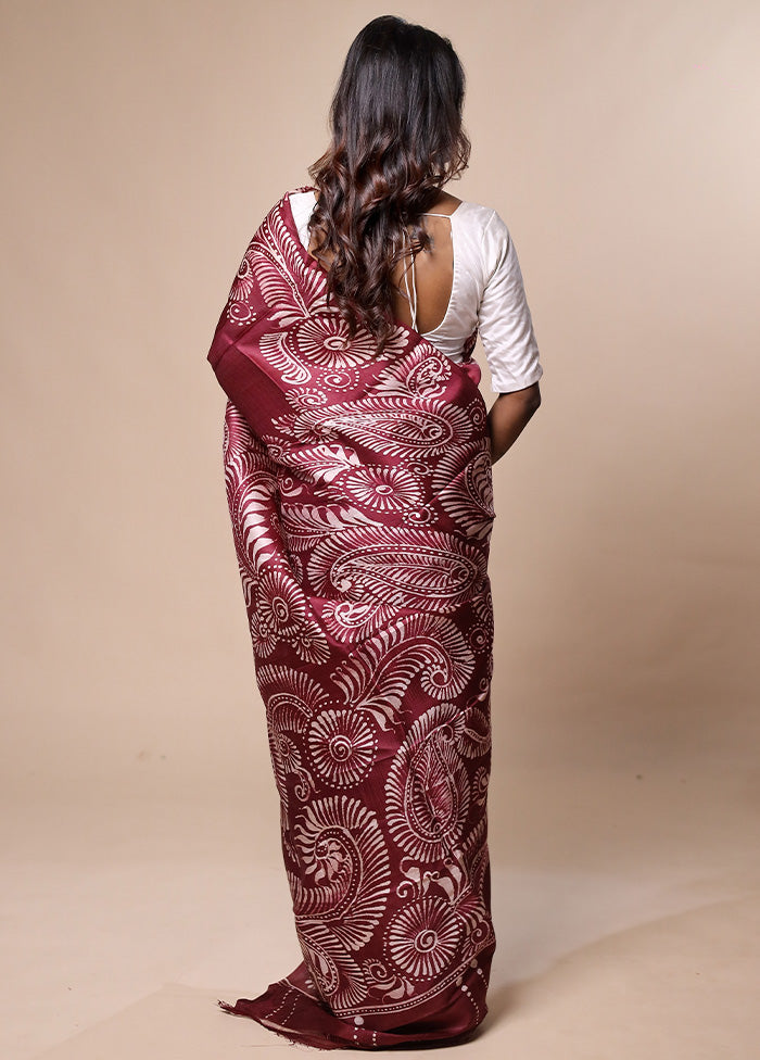 Maroon Printed Pure Silk Saree Without Blouse Piece