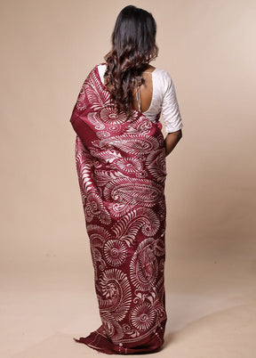 Maroon Printed Pure Silk Saree Without Blouse Piece